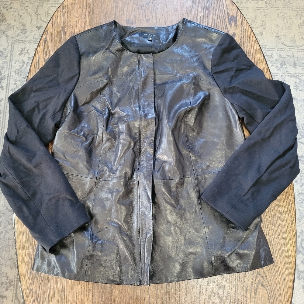 Talbots Black Lamb Skin Leather Jacket with Knit Sleeves Size Women's 12W